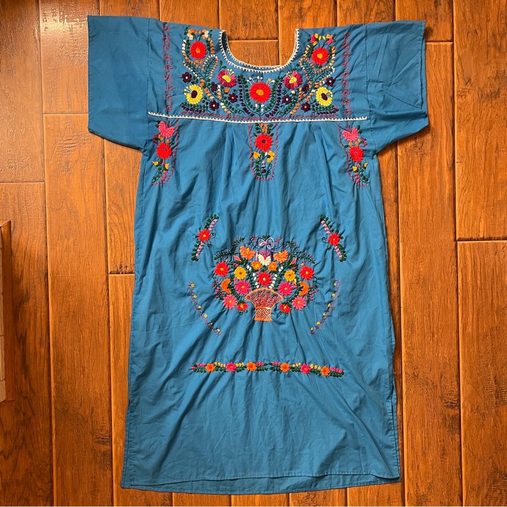 Mexican Teal Fiesta Embroidered Artisan Dress Boho Floral Hippie Oaxaca O/S